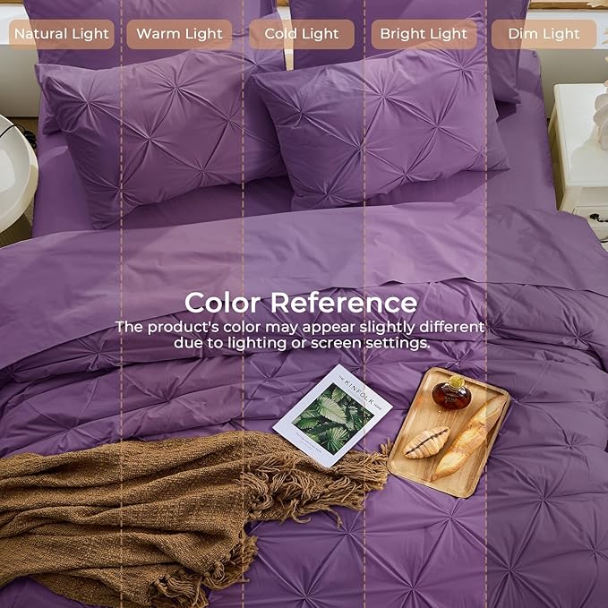 Sasttie King Size Comforter Set, 7-Piece Bed in a Bag, Pintuck Bedding Set for All Season, Includes Comforter, Flat Sheet, Fitted Sheet, Pillowcases and Pillowshams, Grape Purple