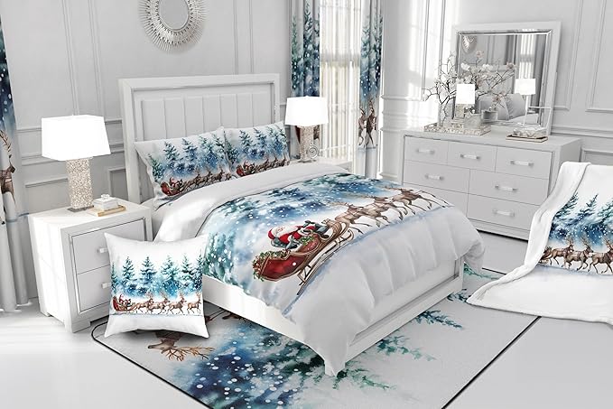 Santa Claus Comforter Set Queen Size,Elk Sledge Bedding Set 3Pcs for Kids Boys Girls Teens Room Decor,Pine Tree Jungle Quilt Set Winter Snowflake Blue White Duvet Insert,2 Pillowcases