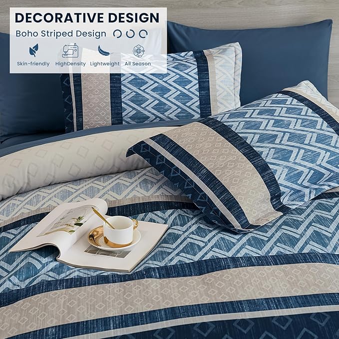 Cottolester King Comforter Set 7 Pieces Blue Boho Striped Bed in a Bag,Soft Microfiber Complete Bedding Sets