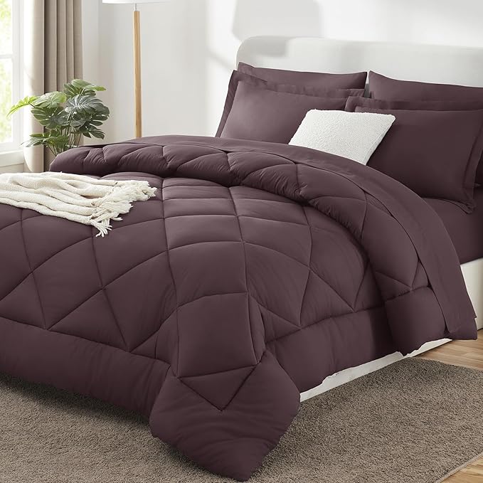 CozyLux Full Size Comforter Sets Cocoa Powder - 7 Pieces Bed in a Bag Full, Luxury Soft Bed Set for All Seasons, Bedding Set with Down Alternative Comforter, Sheets, Pillowcases & Shams