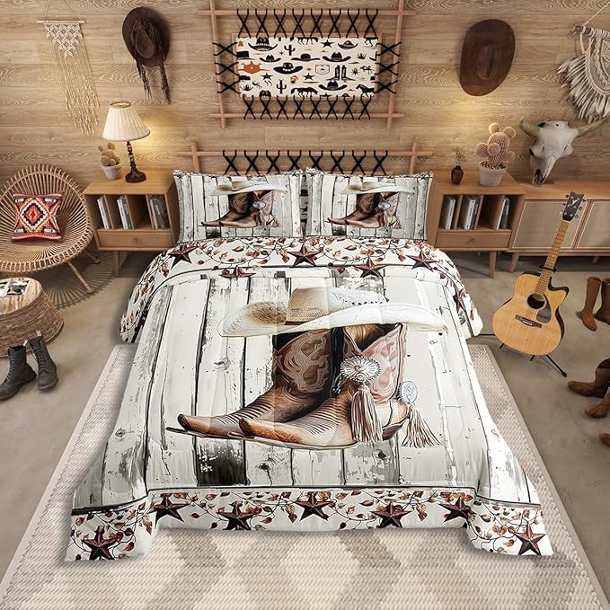 Erosebridal Western Texas Star Comforter Set Queen Size, Rustic Horseshoe Bedding Set Country Wooden Door Quilt for Kids Teens Adult Men Bedroom, Retro Cowboy Farmhouse Bedding Comforter Sets