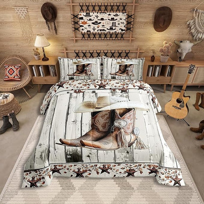 Erosebridal Western Texas Star Comforter Set Twin Size, Rustic Horseshoe Bedding Set Country Wooden Door Quilt for Kids Teens Adult Men Bedroom, Retro Cowboy Farmhouse Bedding Comforter Sets