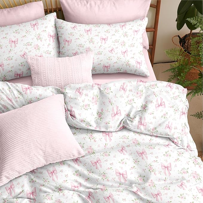 Nayoroom Pink Bow Comforter Set Queen Size White Green Leaf Floral Comforter 3 Pieces Girls Soft Lightweight Cute Coquette Bedding Set for All Seasons