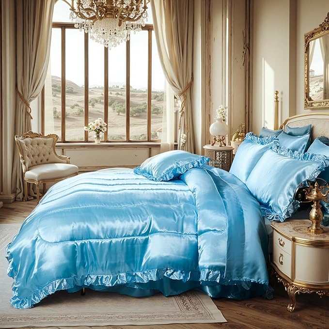 Silky Comforter Set with Sheet Set King 8 Pcs Baby Blue Bed in a Bag Light Blue Bedding Set Silk Like Satin Ruffle Pattern Home Deocr Sexy Hotel Silky Bed Set with 1 Cushion Cover