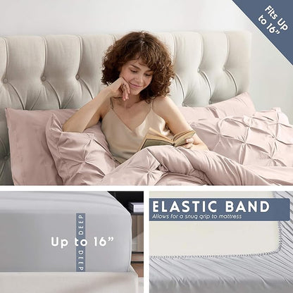 Nestl Queen Comforter Set 7 Piece - Pinch Pleated Comforters Queen Size Blush Pink, Bed in a Bag Queen All Season, Queen Size Comforter Set Bedding with Flat Sheet, Fitted Sheet, Pillowcases and Shams
