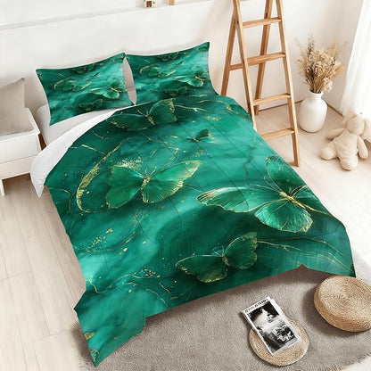 Marble Butterfly Emerald Bedding Set for Kids Adults Full Size Dark Green Marbled Comforter Set Modern Marbling Art Quilt Set Giltter Butterflies Bed Set with 1 Comforter + 2 Pillowcases