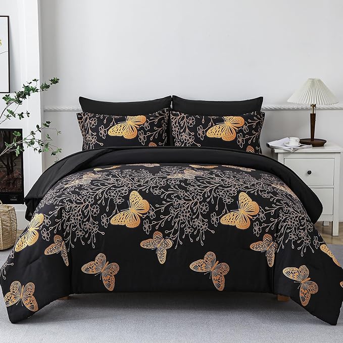 Yogeneg 5 Piece Bed in a Bag Twin Size Comforter Set Black Bedding Set,Gold Butterfly Leaves Printed on Black Reversible Design,Soft Microfiber Comforter with Sheet Set,All Season(Butterfly,Twin)