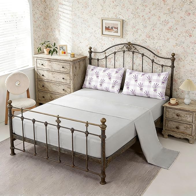 Gingham Queen Bed in A Bag 5Pcs Purple Lavender Bedding Comforter Set Boho Checkered Quilted Comforter with 2 Pillowcases + 1 Flat Sheet + 1 Fitted Sheet, 90"x90"