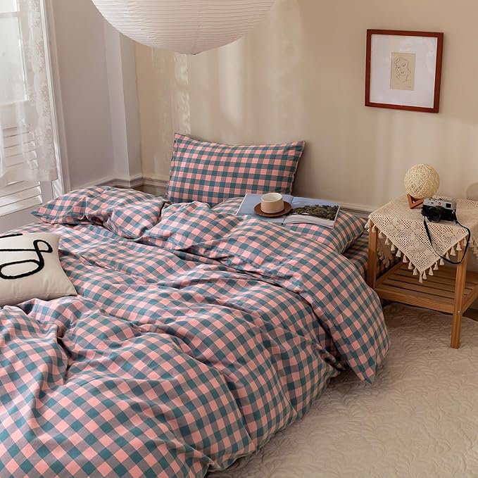 VM VOUGEMARKET Plaid Bedding Comforter Set King Pink Purple Blue Plaid Grid Down Comforter with 2 Pillowcases,Modern Women Girls Quilt Set