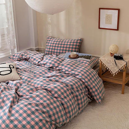 VM VOUGEMARKET Plaid Bedding Comforter Set King Pink Purple Blue Plaid Grid Down Comforter with 2 Pillowcases,Modern Women Girls Quilt Set
