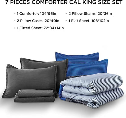 Andency California King Size Comforter Set 7 Pieces - Blue Grey Striped Lightweight Bed in a Bag, Soft Microfiber All Season Bedding Set with Comforter, Fitted & Flat Sheet, Pillowcases & Shams