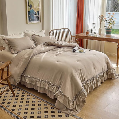 AIKASY Taupe Comforters King Size Set, Vintage Boho Chic Farmhouse Bedding Sets Shabby Ruffle Queen Bed Comforter Bedding 3PCS（1 Comforter and 2 Pillowcases）