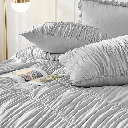 Bonlino Queen Comforter Set Light Grey Bedding - Ruched Comforter Queen Size Bed Set Boho Shabby Chic Comforter Fluffy 3 Piece Ruffle Comforter Set Pillow Girl Bedding Soft