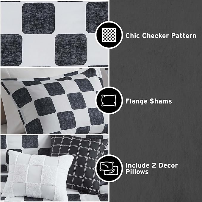 Intelligent Design Comforter Set Chic Black & White Checkered Print, Modern Lightweight All Season Bed Set, Sham, Décor Pillows, Miley, Twin/Twin XL, Black/White 4 Piece