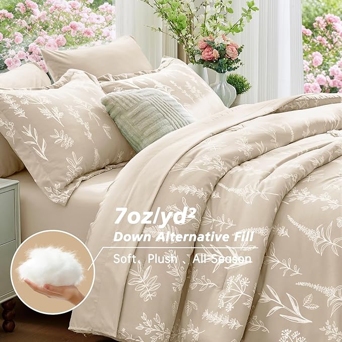 MUXHOMO Beige King Comforter Set, Elegant Floral Print Bed in a Bag 7 Pieces, Ultra Soft & Breathable Reversible Botanical Pattern Bedding Set with Comforter, Sheets, Pillowcases, and Shams