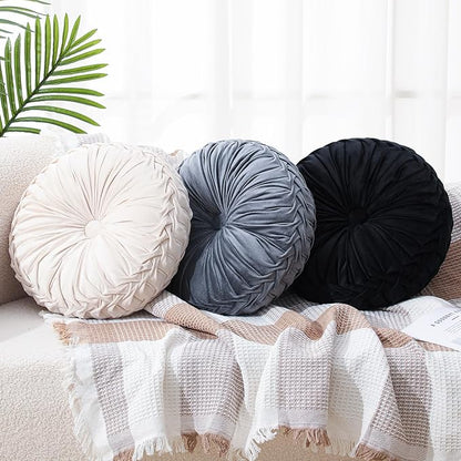 3 Pcs Round Throw Pillows Decorative Velvet Pleated Throw Pillows 15'' Diameter Accent Pumpkin Boho Chair Cushion for Couch Sofa Chair Bed Home Decoration (Black,White,Gray)