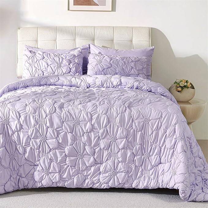 Cmfshape Lavender Pinch Pleat Comforter Set King Size-7 Pieces Bedding Comforter Bed in A Bag-Lightweight Microfiber Bedding Set with Comforter,Fitted Sheet,Flat Sheet and Pillow Shams-104 x90