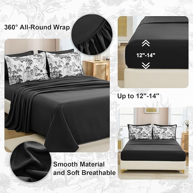 DJY Black Comforter Set King, 7 Pieces Black and White Botanical Comforters King Size Elegant Plants Print with Sheets Bed in a Bag Soft Microfiber Reversible Complete Bedding Sets for All Season