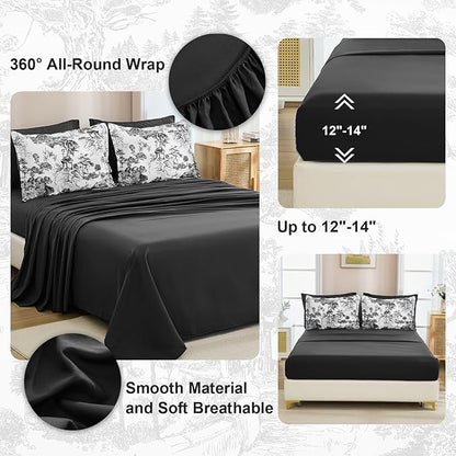 DJY Black Comforter Set Queen, 7 Pieces Black and White Botanical Comforters Queen Size Elegant Plants Print with Sheets Bed in a Bag Soft Microfiber Reversible Complete Bedding Sets for All Season