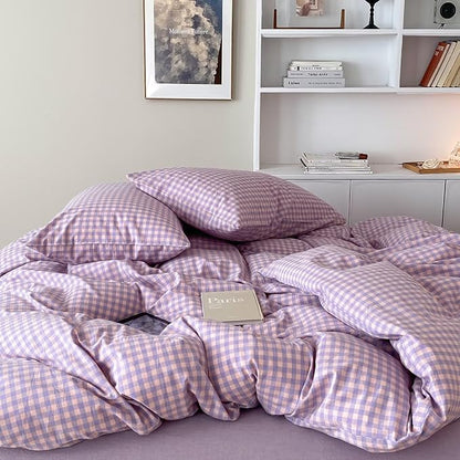 mixinni Purple Gingham Comforter Set Queen, Plaid Comforter Set 3 Pieces 1 Purple Grid Comfoter with 2 Pillow Cases for All Seasons, Soft Fluffy Modern Grid Pattern Printed Bedding-Queen Size