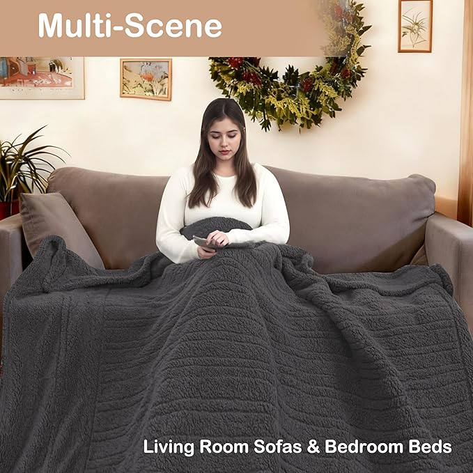 Electric Heated Blanket Queen Size 84"×90" Dual Control, 9 Heating Settings & 1-10Hs Auto Off, Overheat Protect, Double-Sided Sherpa, for Sofa & Bed, Machine Washable Dark Gray