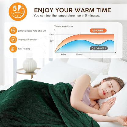 HYLEORY Heated Electric Blanket Throw, 2-Layer Cozy Warm Flannel 50" x 60", Heating Blanket with 9 Heating Levels, 2/4/6/10 Hours Auto Off, Fast Heating Winter Blanket, Green