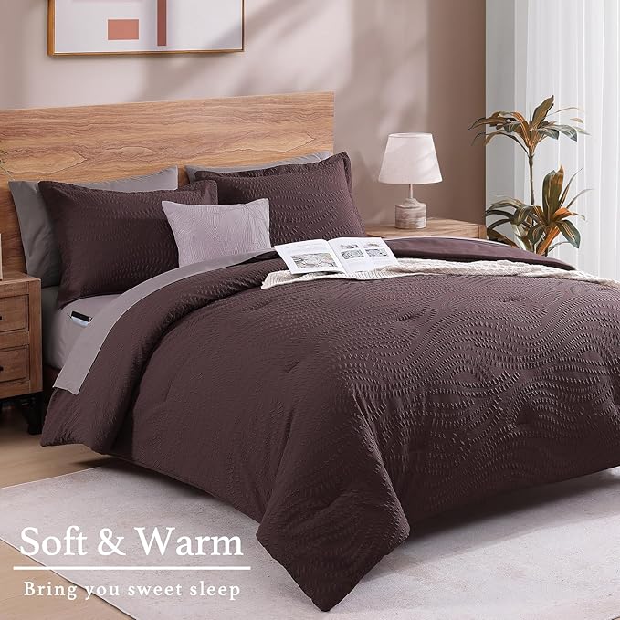 Geniospin Full Size Comforter Set - 7 Pieces Purple Bedding Set, Botanical Textured Comforter Set, All Season Comfortable Bed in a Bag with Comforter, Sheets, Pillowcases & Shams