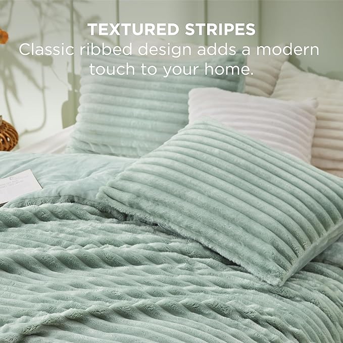 Bedsure California King Comforter - GentleSoft™ 3 Pieces Double-Side Fleece Comforter Set, Cozy Striped Room Decor Aesthetic, Luxury Sage Green Cal King Bedding with 2 Pillowcases, 104x96 Inches