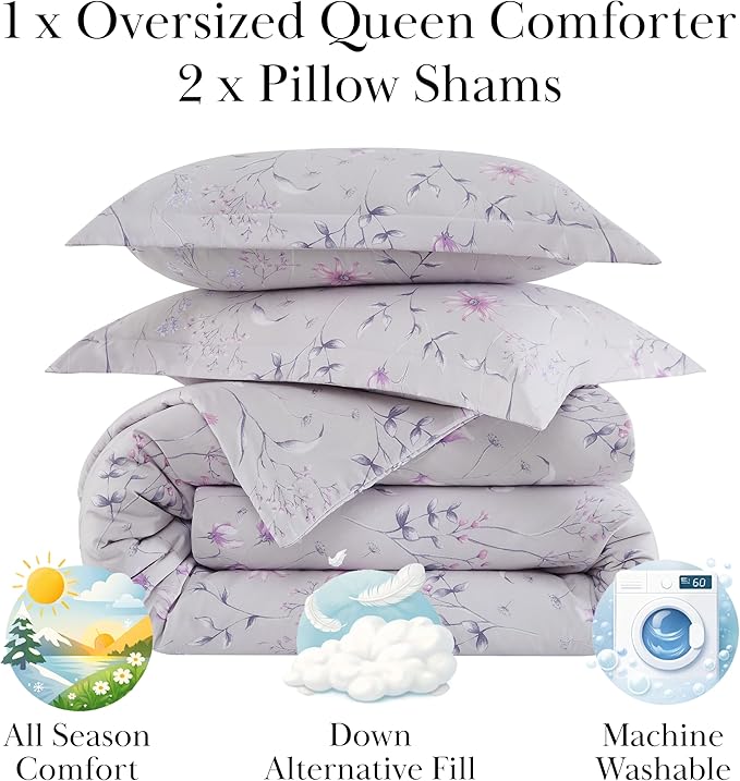 Southshore Fine Living, Inc. 3-Piece Full/Queen Size Comforter Set, Down Alternative All-Season Floral Comforter with Matching Shams, Soft Microfiber Bedspread, Full or Queen Bed, Secret Meadow Grey