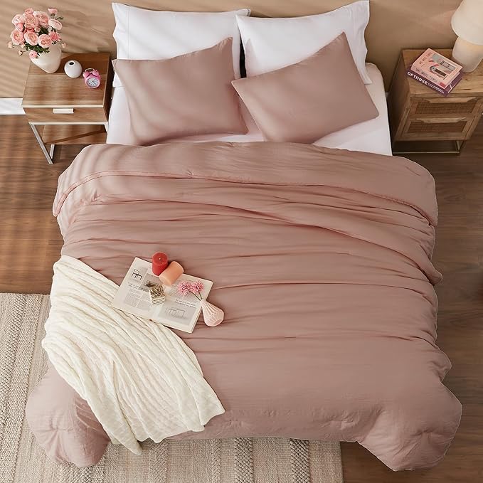 WRENSONGE Full Size Comforter Sets - 3 Pieces Dusty Pink Comforter Prewashed Soft Lightweight for All Seasons,Fluffy Down Alternative Comforter Full Size with 2 Pillow Shams