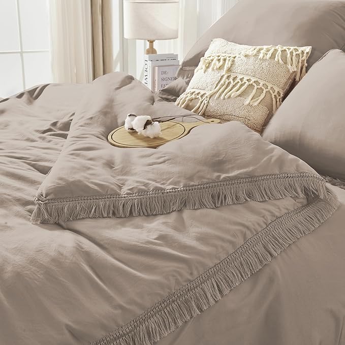 Andency King Size Comforter Set with Sheets Khaki - 7 Pieces Bed in a Bag Boho Soft Lightweight Bedding Sets, Tassel Bed Set with Comforter, Sheets, Pillowcases & Shams
