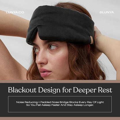 Lunya Washable Silk Sleeping Mask - Thermoregulating Mulberry Silk, Light Blocking and Comfortable Fit – Sleep Mask for Women and Men with Box - Immersed Black - Small