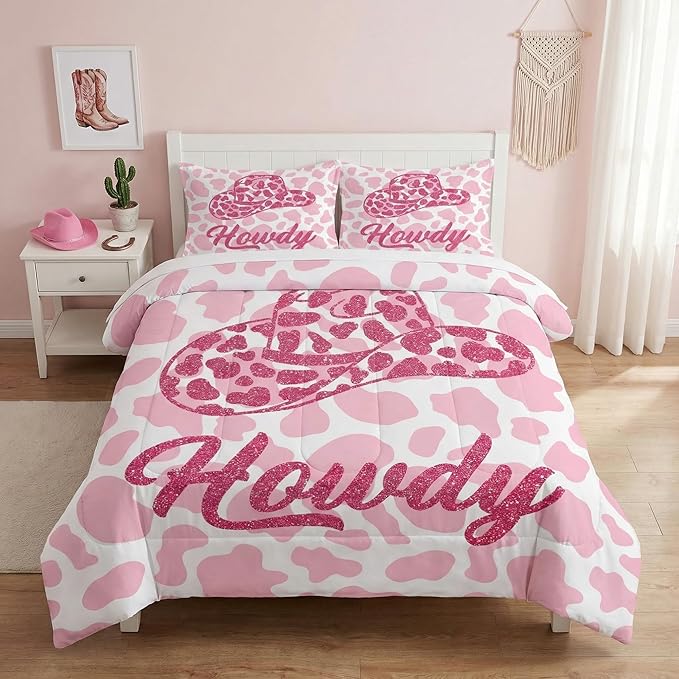 Twin Size Comforter Set with Pillowcase, Western Cowboy Cow 2 Pcs Bedding for Kids and Adults, Pink Cowgirl Leopard Print Soft Comforter Set for Bedroom Bed Decor