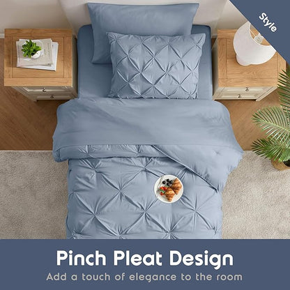 Nestl Twin Comforter Set 5 Piece, Pintuck Twin Bedding Set Stone Blue, College Dorm Room Essentials for Girls and Boys Bed in a Bag Twin All Season, Twin Comforter Set with Sheets, Pillowcase and Sham