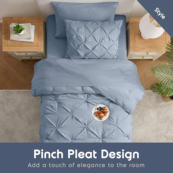 Nestl Twin XL Comforter Set 5 Piece - Pintuck Twin XL Bedding Set Stone Blue, College Dorm Room Essentials Bed in a Bag, Twin XL Comforter Set for College Girls & Boys with Sheets, Pillowcase and Sham