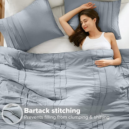Comfort Spaces Blue/Grey Twin Size Comforter Set - 2 Piece Pintuck Pleated Bedding Set, All Season Lightweight, Extra Softness Pre-Washed Microfiber Bed Set, Shams