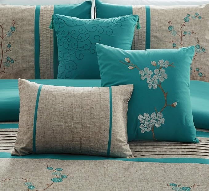 Chezmoi Collection Noriko Luxury 7-Piece Teal Cherry Blossoms Floral Embroidery Bedding Comforter Set, Full