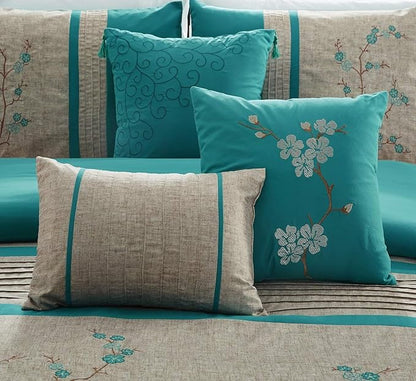 Chezmoi Collection Noriko Luxury 7-Piece Teal Cherry Blossoms Floral Embroidery Bedding Comforter Set, Full