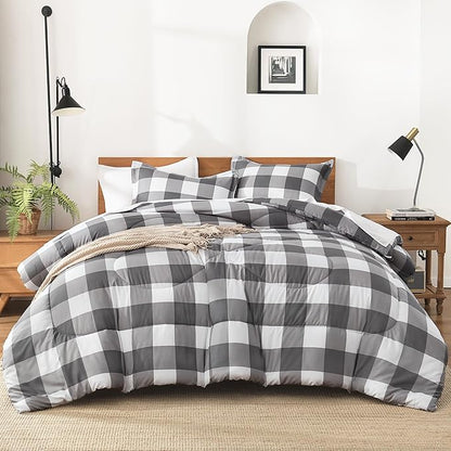Andency Plaid Comforter Twin(66x90Inch), Gray White Checkered Gingham Buffalo Bed Set for Boys Teens, Lightweight Bedding, 2 Pieces(1 Comforter & 1 Pillowcase)