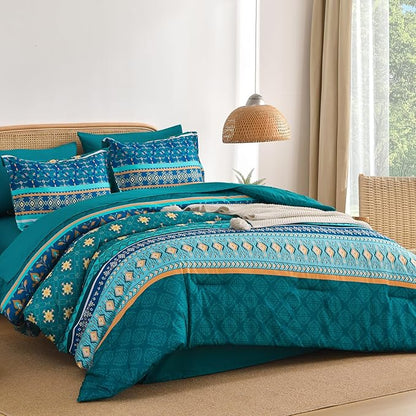 Comforter Set King Size Boho,7 Pieces Bohemian Bedding Comforter Set Striped Bed in a Bag,Turquoise Blue Paisley Floral Comfortet and Sheet Set,Soft Microfiber Bedding Sets for All Season