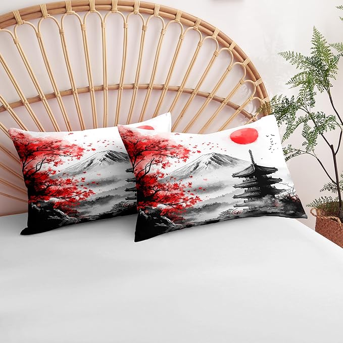 Classical Art Painting Comforter Set Full Size, 3 Pieces Japanese Style Botanical Bedding Sets for Girls, Landscape Maple Leaves Soft Lightweight Down Alternative Comforter(79" X 90")
