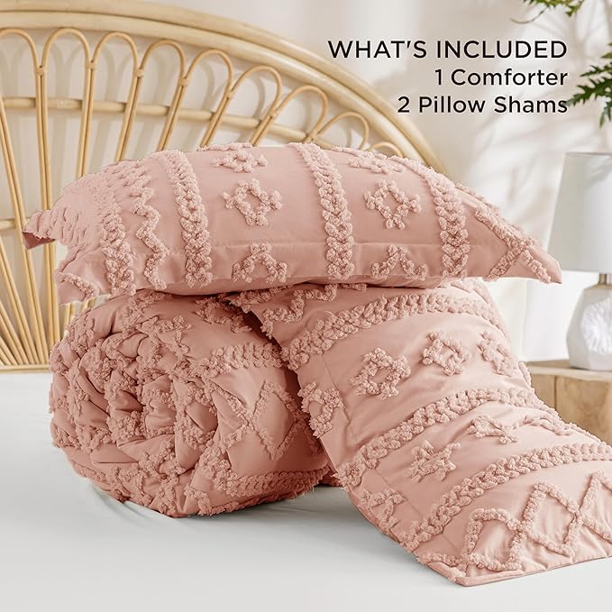 Bedsure Tufted Boho Comforter Set King Size - Light Pink Boho Bed Set, GentleSoft™ 3 Pieces Farmhouse Shabby Chic Embroidery Bedding, Gifts for Woman, Soft Jacquard King Comforter for All Seasons