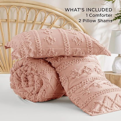 Bedsure Tufted Boho Comforter Set Queen Size - Light Pink Boho Bed Set, GentleSoft™ 3 Pieces Farmhouse Shabby Chic Embroidery Bedding, Gifts for Woman, Soft Jacquard Queen Comforter for All Seasons