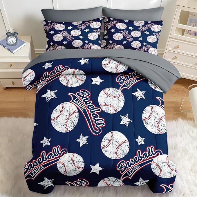 Nesker 5 Pcs Comforter Set Twin Size, Red White Blue Baseball Boys Bedding Set for Kids and Adults, Kids Vintage Ball Sports Bed Sheet Sets with Fitted Sheet Pillowcases & Shams