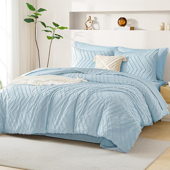 Litanika Light Blue Queen Size Comforter Set with Sheets - 7 Pieces Bed in a Bag Queen Boho Tufted Complete Bedding Sets with Comforter, Sheets, Pillowcases & Shams