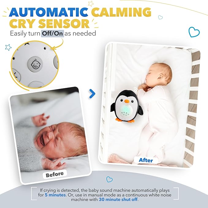 Bubzi Co Sound Machine, Portable Penguin Soother & Night Light Projector, Comforting Electronic Infant Toddler Sleep Aid & Shush with White Noise