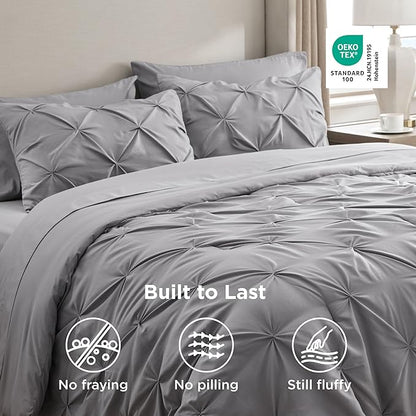 Bedsure Twin XL Comforter Set - Extra Long 5 Pieces Dorm Bedding Sets, GentleSoft™ Pinch Pleat Grey Bed in a Bag with Pintuck Comforter, Sheets, Pillowcase & Sham