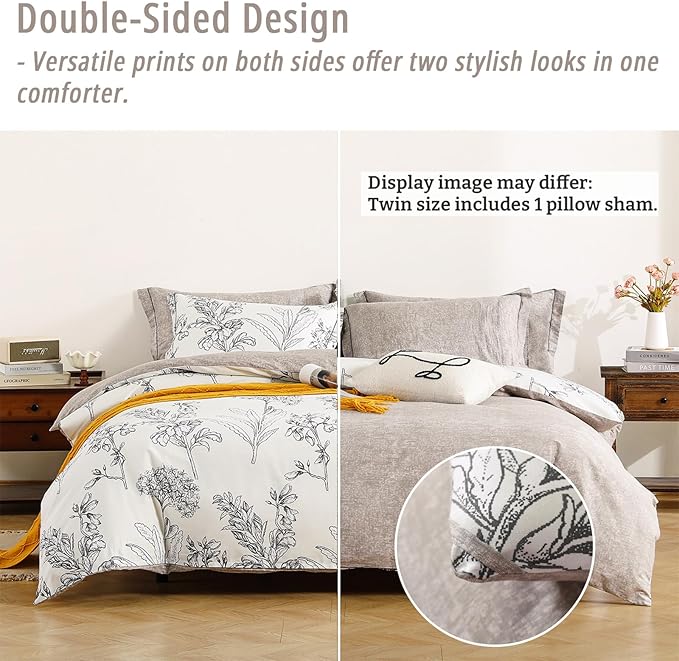 Floral Cotton Comforter Twin Size 2Pcs - Vintage Design with Luxurious Black Sketched Flowers & Leaves on Cream, Retro Taupe Reversible Lightweight Bedding Sets with Soft Fill(68"×90")
