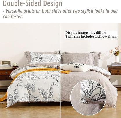 Floral Cotton Comforter Twin Size 2Pcs - Vintage Design with Luxurious Black Sketched Flowers & Leaves on Cream, Retro Taupe Reversible Lightweight Bedding Sets with Soft Fill(68"×90")