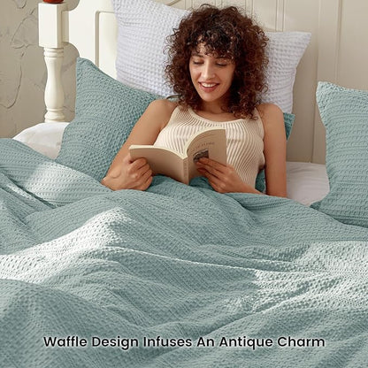 PHF Soft Waffle Comforter Set Queen Size- Comfy Breathable Waffle Weave Comforter with 2 Pillow Shams, 3 Pieces Less Snagging Lightweight Textured Bedding Set for All Season, Dusty Blue